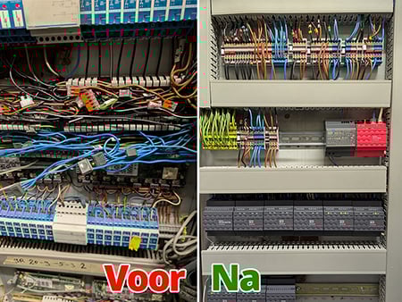 Links een close-up van 20-jaar oude domoticakast Crestron/Lutron. Je ziet een weerwar aan blauwe zwarte en oranje draden die naar allerlei kastjes en stekkers lopen. Het ziet er erg vol en rommelig uit. Links zie je een close-up van lichtgrijze metalen Grenton domoticakast waarbij alle bedrading netjes is weggewerkt. Je ziet netjes naast elkaar lopende bedrading in contactpunten.