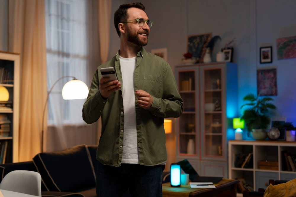Blije man met smart home verlichting