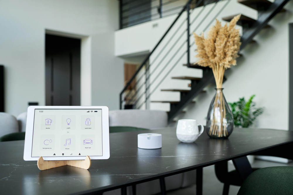 modern huis met tablet op tafel voor smart home domotica