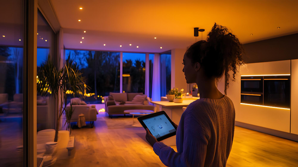 vrouw bedient slimme verlichting met tablet
