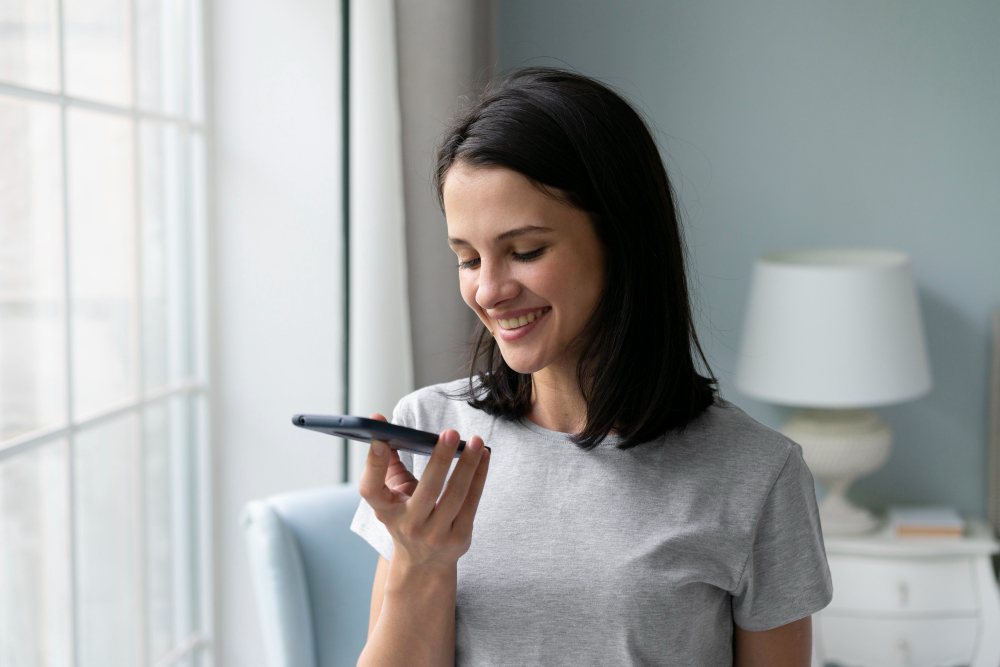 vrouw gebruikt telefoon met spraakbesturing voor domotica systeem